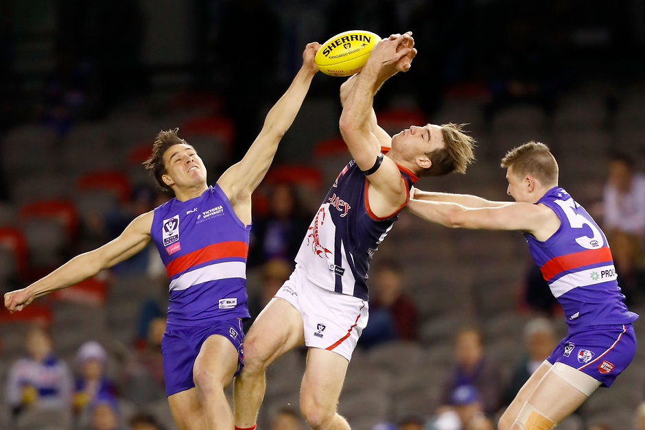 2016 VFL Grand Final - Footscray Bulldogs v Casey Scorpians MELBOURNE, AUSTRALIA - SEPTEMBER 25: Tim Smith of Casey attempts to mark the ball during the VFL Grand Final match between Footscray Bulldogs and Casey Scorpions at Etihad Stadium on September 25, 2016 in Melbourne, Australia. (Photo by Darrian Traynor/AFL Media)